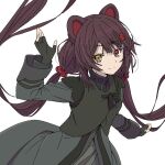  1girl animal_ears anime_coloring arm_up black_gloves black_vest brown_hair closed_mouth coat commentary_request dog_ears fingerless_gloves floating_hair flower gloves grey_coat hair_flower hair_ornament hair_scrunchie heterochromia inui_toko jaggy_lines light_blush long_hair long_sleeves looking_at_viewer loose_hair_strand low_twintails nijisanji official_alternate_costume page_of_lambda red_eyes red_scrunchie scrunchie shinzou_(rikismash) simple_background smile solo split_mouth twintails upper_body very_long_hair vest virtual_youtuber white_background yellow_eyes 