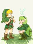  1boy 1girl arms_on_knees belt belt_buckle belt_pouch blonde_hair blue_eyes boots brown_belt brown_boots buckle chest_belt closed_eyes collared_tunic commentary crossed_arms fairy flipped_hair fold-over_boots from_side full_body grass green_boots green_hair green_hairband green_hat green_shorts green_tunic grey_background hairband hands_up hat highres holding holding_instrument holding_ocarina instrument knees_to_chest kokiri link long_sleeves looking_at_another looking_down ocarina open_mouth outdoors phrygian_cap plant pointy_ears pouch saria_(zelda) short_hair short_sleeves shorts sidelocks smile squatting standing sweatdrop teeth the_legend_of_zelda the_legend_of_zelda:_ocarina_of_time the_legend_of_zelda:_ocarina_of_time_(remake) tunic untranslatable_commentary upper_teeth_only vko_2835 young_link 