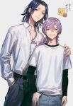 2boys belt black_belt black_hair buttons closed_mouth commentary_request couple denim dress_shirt earrings fingernails grin hand_in_pocket hand_on_another's_shoulder height_difference jeans jewelry kota_uro layered_sleeves long_sleeves male_focus medium_hair mitsuya_takashi multiple_boys pants purple_hair shiba_hakkai shirt short_over_long_sleeves short_sleeves simple_background smile suit_pants tokyo_revengers white_background white_shirt yaoi 