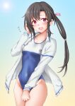  1girl alternate_costume anti_(untea9) beach black_hair blue_one-piece_swimsuit blue_sky blush breasts commentary_request competition_school_swimsuit cowboy_shot hair_between_eyes highres jacket jacket_over_swimsuit kantai_collection long_hair looking_at_viewer nankai_(kancolle) new_school_swimsuit one-piece_swimsuit open_mouth red_eyes sand school_swimsuit side_ponytail sky solo swimsuit swimsuit_under_clothes twitter_username two-tone_swimsuit white_one-piece_swimsuit yokosuka_girls_marine_high_school_swimsuit 