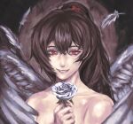  1girl absurdres aeoncore1 angel_wings bear_hair_ornament brown_hair carmen_(project_moon) collarbone commission eyelashes falling_feathers feathered_wings feathers flower grin hair_ornament high_ponytail highres holding holding_flower lobotomy_corporation long_hair male_focus nude ponytail portrait project_moon red_eyes rose smile solo white_feathers white_flower white_rose white_wings wings 