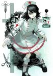  1girl armband barbed_wire black_hair black_shoes blood blood_on_clothes chair colored_skin cross cross_print flat_chest gomi_beya hair_over_one_eye hat highres id_card looking_at_viewer medium_hair nurse nurse_cap on_chair original red_cross red_eyes red_trim restrained scissors shirt shoes skirt socks syringe white_armband white_shirt white_skin white_skirt white_socks 
