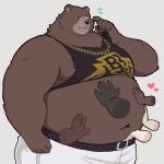  1boy animal_ears bara bear_boy bear_ears belly_rub ben_bigger black_tank_top brown_fur chain chain_necklace clothes_lift collarbone commentary disembodied_hand english_commentary fat flying_sweatdrops furry furry_male heart highres jewelry looking_to_the_side male_focus necklace nipples pants pawpads plump shirt_lift starbuchi tank_top white_background white_pants zenless_zone_zero 
