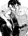  2boys arm_around_shoulder baji_keisuke blush closed_mouth collarbone commentary_request couple dress_shirt greyscale jacket kota_uro long_hair male_focus matsuno_chifuyu monochrome multiple_boys ponytail shirt shirt_tucked_in short_hair simple_background sitting tokyo_revengers white_background yaoi 