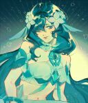  1girl absurdres bangle bare_shoulders blue_background blue_eyes blue_flower blue_hair blue_sleeves blush bracelet breasts choker closed_mouth collarbone colored_inner_hair commentary crop_top detached_sleeves english_commentary eyelashes fins flower frilled_choker frills genshin_impact gradient_background green_hair grey_choker hair_flower hair_ornament hair_over_one_eye head_fins highres jewelry lips long_hair looking_afar medium_breasts merfolk mermaid midriff mioloon_kirss monster_girl multicolored_hair navel necklace pearl_hair_ornament short_sleeves sidelocks smile solo tank_top two-tone_background very_long_hair vodyanitsa_(genshin_impact) water_drop wavy_hair white_background white_tank_top 