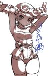  1girl armpits arms_behind_head batch_(rokumon_tengai_mon_colle_knight) breasts commentary_request eyewear_on_head goggles goggles_on_head long_hair monochrome rokumon_tengai_mon_colle_knight simple_background small_breasts thick_eyebrows thigh_gap thighhighs twintails white_background yoshikage_(yo4kage) 