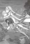  2girls boots braid carrying crown_braid detached_sleeves elf emilia_(re:zero) floating_hair flower greyscale hair_flower hair_ornament hair_over_one_eye hair_ribbon head_wreath highres long_hair long_sleeves low-tied_long_hair miniskirt monochrome multiple_girls novel_illustration official_art ootsuka_shin'ichirou open_mouth outdoors palm_tree pantyhose pointy_ears princess_carry re:zero_kara_hajimeru_isekai_seikatsu rem_(re:zero) ribbon roswaal_mansion_maid_uniform running short_hair skirt smile thigh_boots thighhighs third-party_source tree very_long_hair x_hair_ornament zettai_ryouiki 