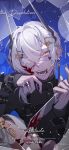  1girl absurdres blood blood_on_knife broken_glass commentary dingzi ear_piercing earrings eyepatch glass highres holding holding_knife horns jewelry knife medical_eyepatch open_mouth original piercing ring short_hair solo stuffed_toy tongue_piercing white_hair 