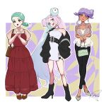 3girls :d bag bead_necklace beads belt black_belt black_boots black_jacket black_pants boots bow-shaped_hair brown_bag brown_dress character_hair_ornament choker collarbone commentary dress earrings green_hair hair_ornament hand_in_pocket head_tilt high_heel_boots high_heels highres holding iono_(pokemon) jacket jewelry katy_(pokemon) knees long_hair meru_merume603 multicolored_hair multiple_girls necklace open_clothes open_jacket open_mouth pants pokemon pokemon_scarlet_and_violet purple_hair shirt shoes short_sleeves single_off_shoulder single_sidelock smile thigh_strap tulip_(pokemon) two-tone_hair white_choker 