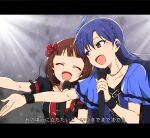  2girls :d ^_^ amami_haruka blue_hair braid brown_eyes brown_hair closed_eyes commentary_request concert earbuds earphones holding holding_microphone idolmaster idolmaster_(classic) jewelry kidachi kisaragi_chihaya letterboxed long_hair lyrics microphone multiple_girls necklace outstretched_arm short_hair singing smile translation_request upper_body 