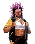  1girl abs absurdres arm_wrap belt black_hair bracelet breasts brown_eyes cleavage commentary criss-cross_halter english_commentary gido_(hinchel_or) hairband halterneck highres jacket jewelry looking_at_viewer multicolored_hair muscular muscular_female open_clothes open_jacket pink_hair simple_background smile solo spiked_hair street_fighter street_fighter_6 white_background yasmine_(street_fighter) yellow_hairband 