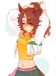  1girl 6573706d adjusting_hair animal_ears arms_up blue_eyes breasts cropped_jacket cropped_shirt from_side green_skirt highres horse_ears horse_girl horse_tail jacket jewelry light_blush medium_breasts medium_hair mejiro_palmer_(line_breakthrough)_(umamusume) mejiro_palmer_(umamusume) midriff navel necklace ponytail shirt skirt tail turtleneck umamusume wavy_hair white_background white_jacket yellow_shirt 