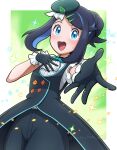  1girl absurdres black_hair blue_eyes blue_hair blush breasts commentary_request cowlick eyelashes frilled_sleeves frills gloves hair_ornament hairclip hat highres liko_(pokemon) looking_at_viewer multicolored_hair open_mouth pants parallel_hairclips paypayapple008 pokemon pokemon_(anime) pokemon_horizons shirt sleeveless solo sweatdrop upper_body vest 