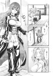  2girls ? barefoot blush breasts closed_mouth forest from_behind greyscale highres hijiri_byakuren kumoi_ichirin large_breasts long_hair monochrome multiple_girls nature on_bed smile speech_bubble standing thighs touhou translation_request undefined_fantastic_object yohane 
