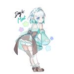  1girl ahoge airheadmei aqua_hair backless_outfit blue_bow blue_eyes blunt_bangs blush bow brown_bow character_name closed_mouth detached_sleeves dress english_text flower from_behind full_body hair_between_eyes hair_bow hair_intakes hair_ornament hairclip highres indie_virtual_youtuber leaning_forward long_sleeves looking_back maid_headdress mint_fantome multicolored_hair pale_skin pointy_ears short_hair short_side_ponytail shorts side_ponytail sketch sleeves_past_wrists smile thighhighs white_background white_hair white_shorts white_thighhighs wide_sleeves 
