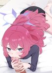  1boy 1girl absurdres bar_censor barefoot black_shirt black_skirt blue_archive blue_halo blush censored commentary dutch_angle erection feet fellatio fingernails grabbing_another's_penis grey_eyes hair_between_eyes halo hetero highres indoors iroha_(blue_archive) knees_out_of_frame long_hair long_sleeves looking_at_viewer lying miniskirt missing_headwear on_bed on_stomach oral penis pov pov_crotch red_hair shirt sidelocks skirt slit_pupils soles solo_focus suzubell2 toes very_long_hair 
