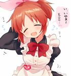  :3 :d abe_nana apron bad_id bad_pixiv_id blue21 bow brown_hair check_translation closed_eyes flying_sweatdrops idolmaster idolmaster_cinderella_girls maid maid_apron name_tag open_mouth ponytail short_hair smile solo translation_request 