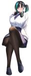  1girl absurdres alternate_breast_size_(larger) aqua_hair arisugawa_ya black_hair black_pantyhose black_shoes blue_skirt blush breasts cardigan closed_mouth collared_shirt commentary_request full_body headphones headphones_around_neck highres hololive huge_breasts long_sleeves multicolored_hair pantyhose rindo_chihaya shirt shoes side_ponytail simple_background sitting skirt smile solo streaked_hair virtual_youtuber white_background white_cardigan white_hair white_shirt 