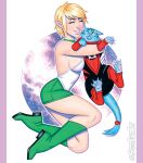  1girl abstract_background animal animal_hug arisia_rrab artist_name backless_outfit backless_shirt bare_arms bare_back bare_shoulders black_bodysuit blonde_hair blue_background blue_cat bodysuit boots border breasts cat claws closed_eyes clothed_animal collar commentary dc_comics dex-starr english_commentary eyelashes eyeliner facing_animal facing_another facing_to_the_side fangs from_side full_body gloves green_boots green_collar green_eyeliner green_lantern green_lantern_(series) green_skirt hug jewelry lips long_sleeves looking_at_another makeup medium_breasts miniskirt multicolored_bodysuit one_eye_closed parted_bangs parted_lips pillarboxed pink_background pink_border pink_lips pointy_ears red_bodysuit red_lantern ring scott_blair shirt short_hair sideboob sidelocks signature single_glove skirt sleeveless sleeveless_shirt smile solo star_(sky) tabby_cat tail tail_ornament tail_ring thighs turning_head twitter_username two-tone_bodysuit white_background white_gloves white_shirt 