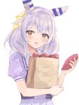  1girl absurdres animal_ears bag blush bow bowtie breasts brown_eyes commentary_request ear_covers food grey_hair highres hishi_miracle_(umamusume) holding holding_bag horse_ears horse_girl looking_at_viewer medium_hair open_mouth paper_bag pleated_skirt puffy_short_sleeves puffy_sleeves purple_bow purple_bowtie purple_shirt sailor_collar sailor_shirt school_uniform shirt short_sleeves simple_background skirt smile solo sweet_potato tracen_school_uniform tsurubami_(gaad5227) umamusume white_background white_sailor_collar white_skirt 