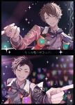  2boys artist_name black_border black_bow black_bowtie black_hair blurry blurry_background border bow bowtie brown_hair buttons chain collared_shirt commentary earrings ensemble_stars! fingernails glowstick grin headset heart highres jewelry layered_clothes layered_sleeves long_sleeves male_focus multicolored_hair multiple_boys nagumo_tetora official_alternate_costume orange_eyes overflow!_(ensemble_stars!) penlight_(glowstick) pointing red_hair shindarokai shirt short_hair smile sparkle star_(symbol) star_earrings streaked_hair sweat takamine_midori translation_request two-tone_hair upper_body wing_collar 