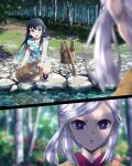  1boy 1girl aqua_eyes aqua_hair bare_shoulders black_hair closed_mouth commentary_request egasumi hana_ni_nare highres japanese_clothes kimetsu_no_yaiba open_mouth outdoors purple_eyes rock sleeveless tokitou_muichirou ubuyashiki_amane water white_hair 