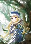  1girl blonde_hair blue_coat blue_hat blush_stickers brown_gloves buttons character_hat_ornament closed_mouth coat commentary_request cruel_gz forest fur-trimmed_sleeves fur_trim gloves gun gunner_(sekaiju) gunner_2_(sekaiju) hat holding holding_gun holding_weapon long_hair looking_ahead nature outdoors sekaiju_no_meikyuu sekaiju_no_meikyuu_2 solo standing weapon 