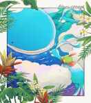  altaria beak bird black_eyes blue_feathers border bright_pupils character_name chikafuji closed_mouth commentary_request feathers flower fluffy flying full_body green_feathers leaf looking_at_another natu no_humans pokemon pokemon_(creature) pokemon_focus simple_background wailord water whale white_border white_feathers white_flower white_pupils 