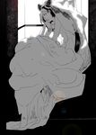  bridal_veil chin_rest double_bun dress earrings eat666 full_body greyscale high_heels jewelry jojo_no_kimyou_na_bouken kuujou_jolyne lens_flare light long_hair monochrome multicolored_hair solo stone_ocean two-tone_hair veil wedding_dress window 