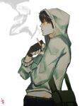  1boy 8ladegenesis arm_across_chest bag bags_under_eyes black_eyes black_gloves black_hair cigarette cry_of_fear fingerless_gloves gloves grey_hoodie highres holding holding_cigarette hood hood_up hoodie looking_at_viewer male_focus scar scar_on_arm self-harm_scar short_hair shoulder_bag simon_henriksson smoke smoke_trail smoking solo 