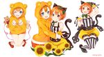  :d ;d animal_ears animal_hood aqua_eyes arm_up armpits bare_shoulders bear_hood cat_ears cat_tail clenched_hands clenched_teeth commentary_request fake_animal_ears fingerless_gloves flower full_body fur_trim gloves grin hairband hood hoodie hoshizora_rin kousaka_honoka long_sleeves looking_at_viewer love_live! love_live!_school_idol_project minase_yuki multiple_girls one_eye_closed open_mouth paw_pose ribbon shorts simple_background smile striped striped_legwear stuffed_animal stuffed_toy sunflower tail teddy_bear teeth thighhighs vertical-striped_legwear vertical_stripes white_background yellow_eyes yellow_gloves zettai_ryouiki 