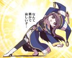  1girl alternate_headwear anime_coloring bare_shoulders bishie_sparkle black_dress black_thighhighs blue_hat blue_skirt blue_sleeves boots bright_pupils clothing_cutout commentary_request detached_sleeves dokan_(dkn) dot_nose dress dress_under_skirt emphasis_lines frilled_skirt frilled_thighhighs frills full_body happy hat high-waist_skirt high_heel_boots high_heels holding holding_knife jester_cap knife light_blush light_particles long_hair long_sidelocks long_skirt long_sleeves looking_at_viewer magical_girl mahou_shoujo_madoka_magica mahou_shoujo_madoka_magica:_walpurgis_no_kaiten o-ring open_clothes open_mouth open_skirt purple_hair red_eyes scarf shadow short_dress short_sleeves shoulder_cutout sidelocks skirt smile solo strapless strapless_dress thighhighs torn_clothes torn_thighhighs translation_request two-tone_dress very_long_hair wasu_(madoka_magica) white_boots white_dress white_pupils white_scarf yellow_background 