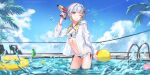  1girl arm_up bandaid bandaid_on_face bandaid_on_nose bikini blue_sky breasts cloud colored_inner_hair commentary_request cowboy_shot day frilled_bikini frills grey_hair hachi_(live_union) hair_ornament hanozuku highres holding holding_water_gun infinity_symbol innertube live_union looking_at_viewer mole mole_under_eye multicolored_hair navel number_hair_ornament official_art one_eye_closed open_clothes open_shirt palm_leaf parted_lips pool pool_ladder see-through_clothes see-through_shirt shirt short_hair sky small_breasts smile solo splashing swim_ring swimsuit virtual_youtuber wading water water_drop water_gun yellow_eyes 