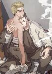  2boys arm_on_knee bandaged_torso black_hair black_pants blonde_hair cigarette commentary_request get3 hand_tattoo hanma_shuuji highres holding holding_cigarette jacket kisaki_tetta knee_up kneeling male_focus multicolored_hair multiple_boys pants shirt sitting smoke tattoo tokyo_revengers topless_male two-tone_hair undercut yaoi 