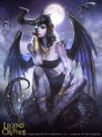  2013 bare_shoulders black_hair black_nails copyright_name dragon dragon_tail highres horns jewelry kazuhiro_oya legend_of_the_cryptids moon nail_polish necklace night night_sky one_eye_covered pointy_ears purple_skin sitting_on_rock sky solo spikes tail tattoo water wings 