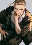  1boy braid commentary_request dress_shirt fingernails grey_background hand_on_own_chin kota_uro long_hair looking_at_viewer male_focus ryuuguuji_ken shirt simple_background sitting solo tokyo_revengers white_shirt 