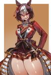 1girl absurdres animal_ears border breasts brown_background brown_hair don't_you_have_a_human_heart?_(meme) gradient_background gwenipon hair_between_eyes hair_ribbon hand_on_own_hip highres horse_ears horse_girl jacket jujutsu_kaisen long_sleeves looking_at_viewer medium_breasts meme multicolored_hair open_mouth outside_border purple_eyes red_jacket red_ribbon red_skirt ribbon short_hair skirt smile solo special_week_(ruler_of_japan)_(umamusume) special_week_(umamusume) standing teeth thick_thighs thighs two-tone_hair umamusume white_border white_hair 