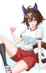 animal_ears black_socks blue_eyes blush braid breasts brown_hair commentary_request epiphaneia_(umamusume) gym_shirt hair_between_eyes hair_tuft highres horse_ears horse_girl horse_tail kemuri_(etep3372) long_hair medium_breasts multicolored_hair open_mouth red_shorts shirt shoes short_sleeves shorts sitting smile socks streaked_hair tail tracen_training_uniform umamusume white_shirt 