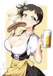  1girl alcohol apron beer beer_mug breasts brown_hair cleavage commentary_request cup dirndl frilled_sleeves frills german_clothes girls_und_panzer green_eyes hair_ribbon heart highres ichijou_takakiyo kojima_emi large_breasts looking_to_the_side mug ribbon short_hair short_sleeves very_short_hair waist_apron 