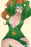  1girl absurdres arms_up body_freckles breast_freckles breasts center_opening cleavage closed_mouth collarbone commentary dress english_commentary formal_clothes freckles green_dress green_eyes highres jean_grey large_breasts lips long_hair long_sleeves loqu1t marvel marvel_rivals official_alternate_costume orange_hair ponytail simple_background smile solo thick_thighs thighs very_long_hair x-men 