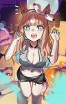  1girl almond_eye_(umamusume) animal_ears black_choker black_shorts blue_eyes blush bow braid breasts brown_hair choker cleavage colored_inner_hair commentary_request crop_top full_moon hair_between_eyes hair_ornament hairband hairclip halloween highres horse_ears horse_girl horse_tail jack-o'-lantern large_breasts long_hair looking_at_viewer midriff moon multicolored_hair navel open_mouth shorts solo solokitsune symbol-shaped_pupils tail teeth umamusume upper_teeth_only white_hairband x-shaped_pupils 