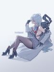  1girl absurdres adjusting_eyewear ahoge arm_strap bare_shoulders blue_gloves breasts chest_strap closed_mouth coat coat_partially_removed commentary_request dress from_side full_body gloves grey_coat grey_dress grey_hair grey_pantyhose hair_between_eyes halter_dress halterneck high_heels highres huixing_chloy large_breasts long_hair looking_at_viewer mecha_musume metal_shoes original pantyhose personification profile red_eyes ribbed_dress semi-rimless_eyewear short_dress sideboob sidelocks sitting sleeveless sleeveless_dress solo turtleneck turtleneck_dress under-rim_eyewear underbust underwear white_background world_of_tanks 