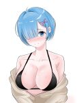  1girl ahoge bare_shoulders bikini black_bikini blue_eyes blue_hair blush breasts brown_jacket cleavage collarbone commentary_request furrowed_brow hair_ornament hair_over_one_eye halterneck highres jacket joy_m1zi korean_commentary large_breasts light_smile looking_at_viewer pink_ribbon re:zero_kara_hajimeru_isekai_seikatsu rem_(re:zero) ribbon short_hair simple_background solo sweat swimsuit white_background x_hair_ornament 
