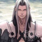  1boy 5tatsu armor black_coat black_gloves chest_strap closed_mouth cloud cloudy_sky coat commentary_request final_fantasy final_fantasy_vii final_fantasy_vii_remake gloves green_eyes grey_hair highres long_bangs long_hair looking_at_viewer male_focus parted_bangs sephiroth shoulder_armor sky solo straight-on upper_body 