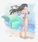  1girl ass barefoot beach bikini borrowed_character breasts closed_mouth commentary day dimples_of_venus english_commentary eyelashes floating_hair flower full_body hair_flower hair_ornament highres itsjarrrd large_breasts long_hair looking_at_viewer looking_back original outdoors pink_bikini signature smile soles solo standing swimsuit very_long_hair water 