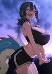  +++ 1girl :d arched_back black_shorts black_sports_bra blue_hair breasts cleavage commentary_request dolphin_shorts fang half-closed_eyes highres huge_breasts leaning_forward looking_at_viewer low_ponytail original ponytail short_ponytail shorts skin_fang smile sports_bra tail vuxer 