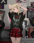  1girl arm_strap arms_up bag band_shirt belt black_shirt blonde_hair calendar_(object) cannibal_corpse colored_eyelashes commentary gakuen_idolmaster hair_ornament hairclip handbag heavy_metal highres idolmaster indoors kurogaze long_hair looking_at_viewer merchandise miniskirt orange_eyes parallel_hairclips plaid_clothes plaid_skirt poster_(object) print_shirt red_skirt shinosawa_hiro shirt short_sleeves skirt solo speaker studded_strap t-shirt television untranslatable_commentary vinyl_record 