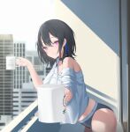  1girl absurdres ass balcony black_collar black_hair blurry blurry_background building closed_mouth coffee_mug collar commentary_request cowboy_shot cup day depth_of_field expressionless from_side grey_panties highres holding holding_cup ichinose_uruha leaning_forward looking_at_viewer looking_to_the_side lunariskat medium_hair mug no_pants offering_food outdoors panties pink_eyes shade shirt single_bare_shoulder single_off_shoulder skyscraper solo sports_panties standing steam steaming_cup underwear urban virtual_youtuber vspo! white_shirt 