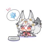  1girl :3 :d animal_ears blush_stickers bowl chibi chibi_only commentary_request fox_ears fox_girl fox_tail hair_intakes hair_ornament highres hsin_(wuthering_waves) mole mole_under_eye on_floor open_mouth pet_bowl red_eyes simple_background sitting smile speech_bubble syurikenmaru tail tail_ornament white_background white_hair wuthering_waves 