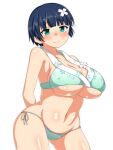  1girl aqua_bikini arms_behind_back bikini blue_eyes blue_hair blunt_bangs blush body_blush breasts cleavage commentary_request floral_print flower hair_flower hair_ornament joker_(bake-monogatari) large_breasts looking_at_viewer midriff navel official_alternate_costume senran_kagura senran_kagura_shinovi_versus sidelocks simple_background smile solo swimsuit underboob yozakura_(senran_kagura) 
